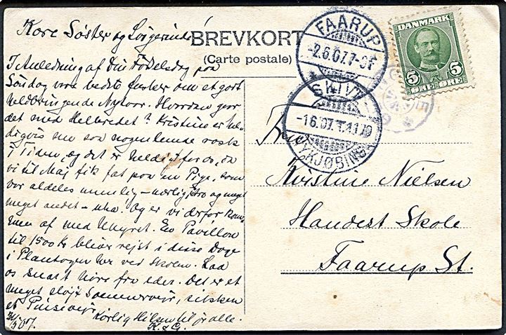 5 øre Fr. VIII på brevkort (Gadeparti fra Glyngøre) annulleret med stjernestempel GLYNGØRE og sidestemplet bureau Skive - Nykjøbing T.1170 d. 1.6.1907 til Faarup.