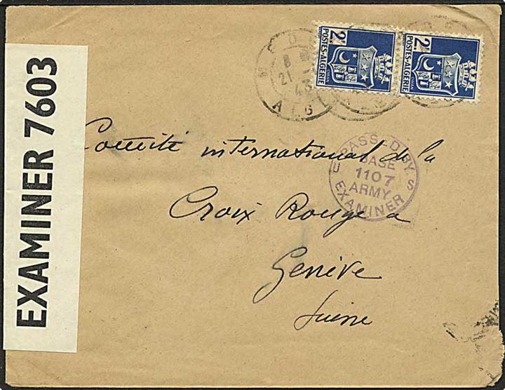 Algerie. 2 fr. (par) på brev d. 21.1.1943 til Røde Kors i Geneve, Schweiz. Både amerikansk, britisk og tysk censur.