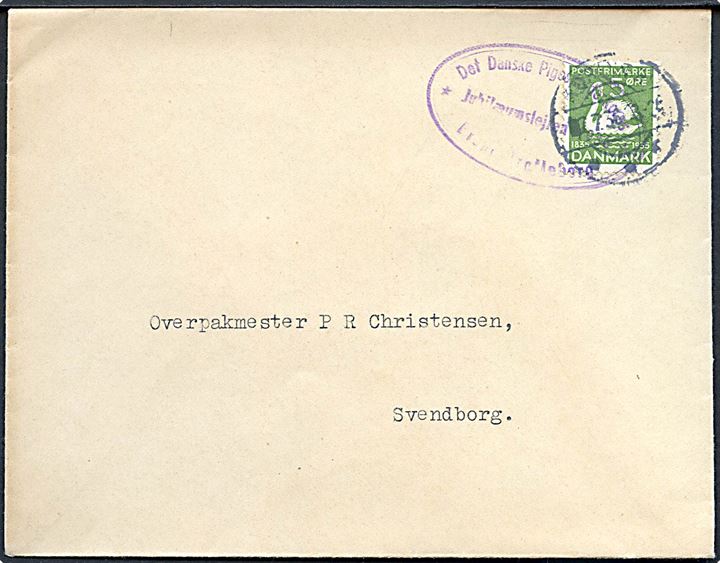 5 øre H. C. Andersen på tryksag annulleret Korinth d. 7.7.1936 og sidestemplet Det Danske Pigespejderkorps * Jubilæumslejren 1936 * Brahe-Trolleborg til Svendborg.