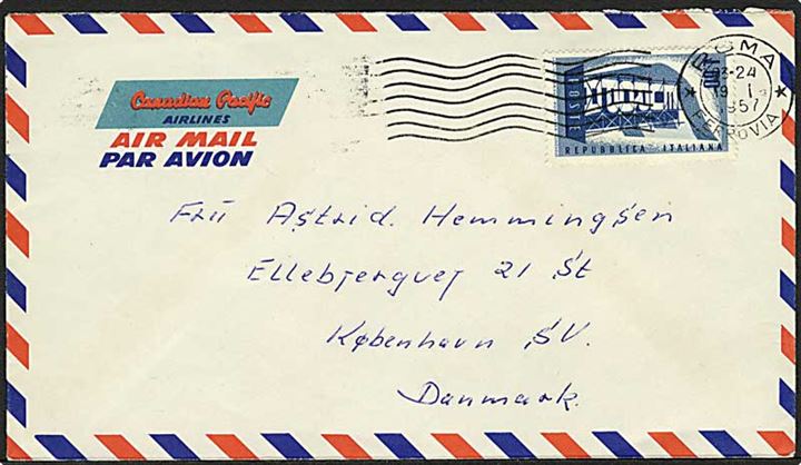 1 l. Europa udg, single på luftpostbrev fra Rom d. 19.1.1957 til København, Danmark.