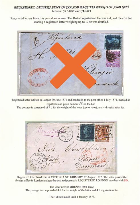 2d plate 14 and 6d plate 11 Victoria on 8d franked registered letter tied by duplex Grimsby/”323” on 27.8.1872 with Victoria St. Street Grimsby via London to Næsby pr. Odense, Denmark. 4d letter rate for closed mail bag and 4d registration fee. Ex. Mark Lorentzen.