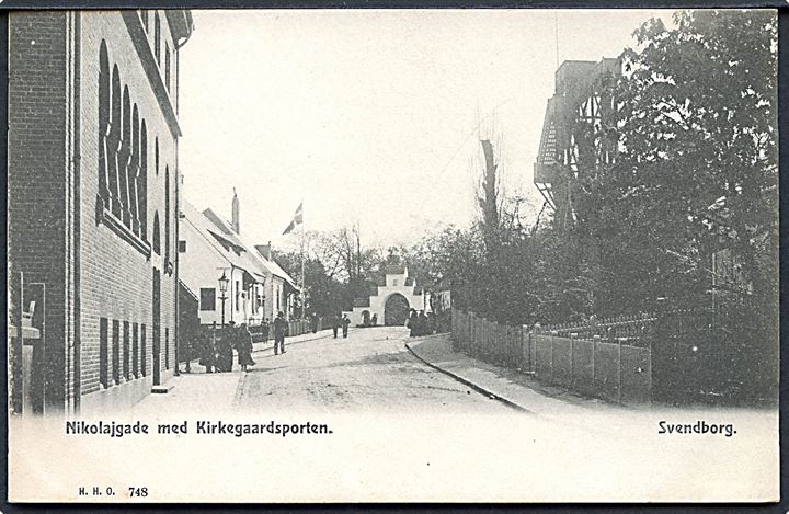 Svendborg. Nikolajgade med Kirkegaardsporten. H.H. O. no. 748. 