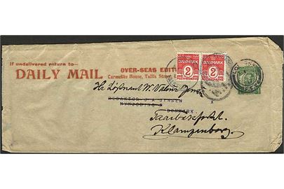 Engelsk ½d George V helsagskorsbånd fra Daily Mail i London 1917 til Nykjøbing F. opfrankeret med 2 øre Bølgelinie (par) og eftersendt til Taarbækfortet pr. Klampenborg.