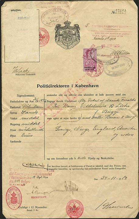 Komplet pas (uden billede) udstedt af Københavns Politi d. 24.11.1919 med britisk Edward VII £1 Consular Service mærke annulleret med British Consulate / Copenhagen. 