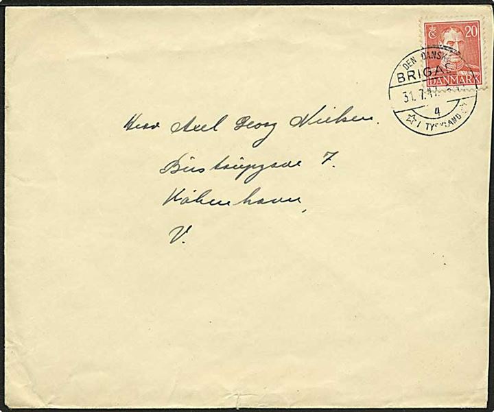 20 øre Chr. X på brev stemplet Den danske Brigade / 4 / i Tyskland d. 31.7.1947 til København.