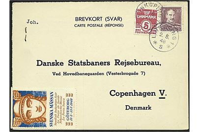 5 øre Bølgelinie og 10 øre Chr. X på svarkort annulleret med svensk stempel i Linköping d. 2.5.1948 til København, Danmark.