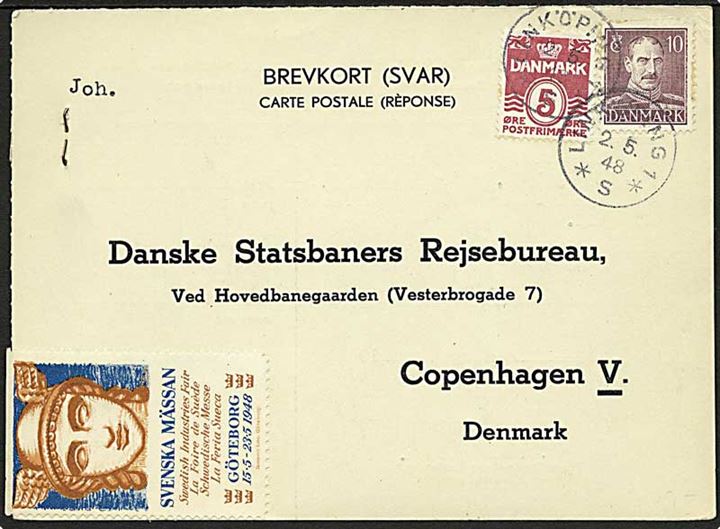 5 øre Bølgelinie og 10 øre Chr. X på svarkort annulleret med svensk stempel i Linköping d. 2.5.1948 til København, Danmark.