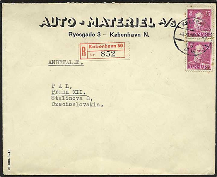 35 øre Chr. X i parstykke på anbefalet brev fra København d. 4.5.1948 til Prag, Tjekkoslovakiet.
