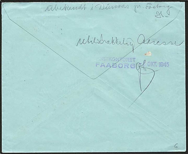 20 øre Chr. X i parstykke på lokalt anbefalet brev i Faaborg d. 3.10.1945. På bagsiden påskrevet: Ubekendt i Diernæs pr. Faaborg og stemplet Postkontoret Faaborg d. 4.10.1945.