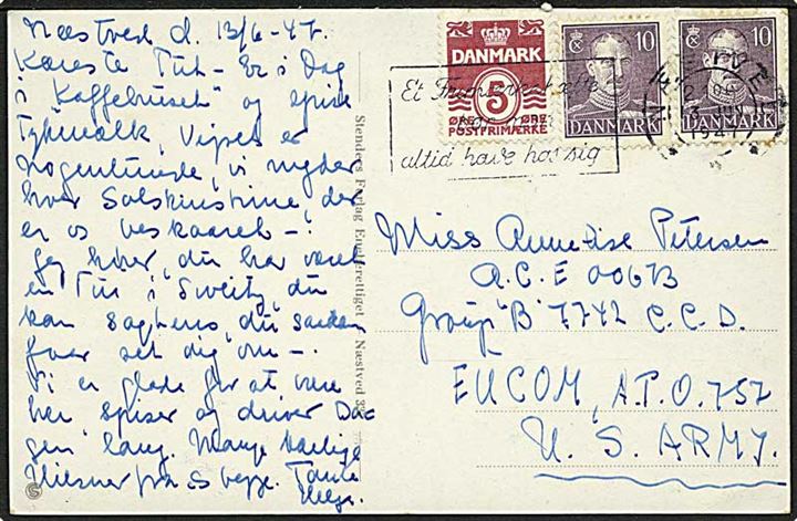 5 øre Bølgelinie og 10 øre Chr. X (2) på brevkort fra Næstved d. 13.6.1947 til dansk kvindelig censor ved de amerikanske styrker i Tyskland. Ved Group B Civil Censorship Division, APO 757 i Frankfurt.