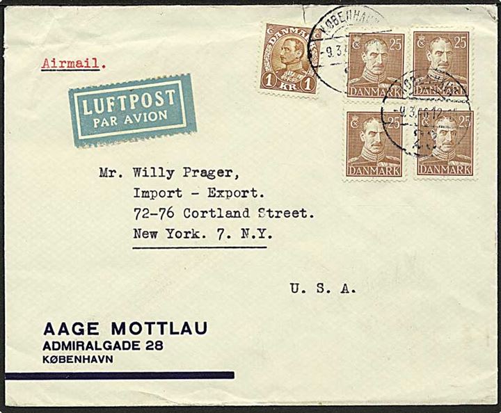 25 øre (4) og 1 kr. Chr. X på luftpostbrev fra København d. 9.3.1946 til New York, USA.