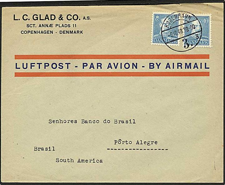 40 øre (2) Chr. X på luftpostbrev fra København d. 6.10.1948 til Porto Alegre, Brasilien.