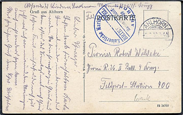 Ufrankeret feltpostkort (Gruss aus Ahlhorn med jernbanestation) stemplet Ahlhorn d. 3.3.1918 til feltpost 406. Briefstempel: kaiserlische Marine / Marine Luftschiff Trupp Ahlhorn. 