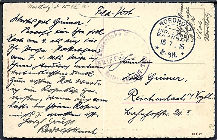 Ufrankeret feltpostkort stemplet Nordholz (Kr. Lehe) Bahnhof d. 15.7.1916 til Reichenbach. Briefstempel: kaiserlische Marine / Marine Luftschiff Trupp. 