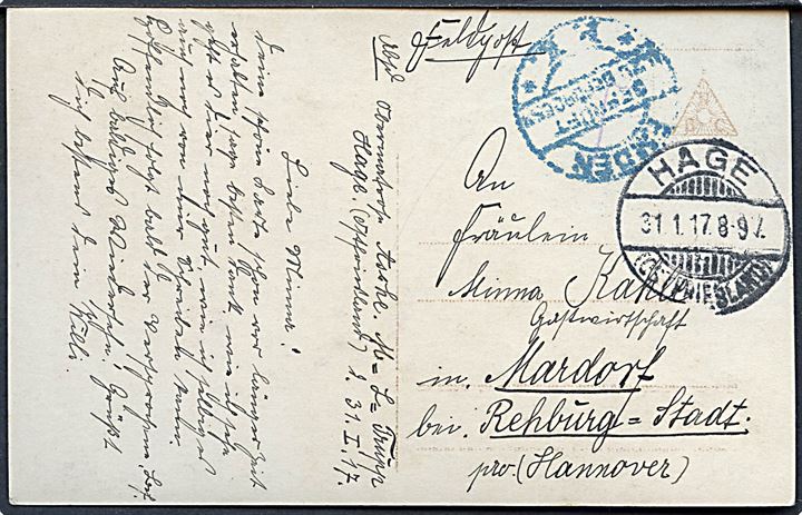 Ufrankeret feltpostkort fra Hage (Ostfriesland) d. 31.1.1917 til Mardorf. Sendt fra Marine Luftschiff Trupp Hage. Uldent censurstempel fra Emden.