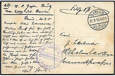 Ufrankeret feltpostkort stemplet Namur (Belgien) d. 21.9.1915 til Wilhelmshaven. Briefstempel: Mar. - Luftschiff-Det. * Namur * 
