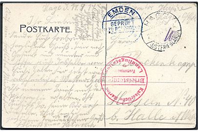 Ufrankeret feltpostkort stemplet Hage (ostfriesland) d. 20.9.1917 til Hessen. Rødt briefstempel: Kaiserlische Marine / Kommando der Landflugstation og blåt censurstempel fra Emden.