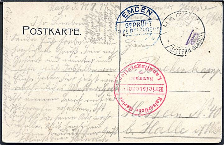 Ufrankeret feltpostkort stemplet Hage (ostfriesland) d. 20.9.1917 til Hessen. Rødt briefstempel: Kaiserlische Marine / Kommando der Landflugstation og blåt censurstempel fra Emden.