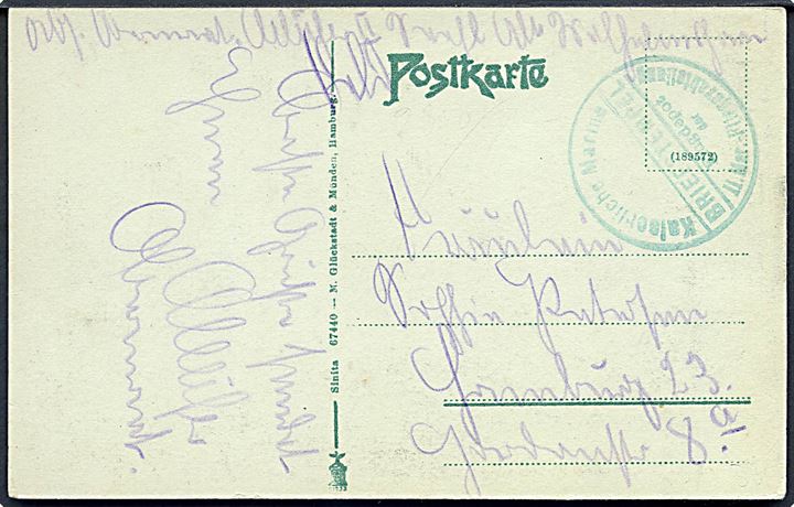 Udateret feltppstkort (Wilhelmshaven, Gökerstrasse med sporvogn) til Hamburg. Grønt briefstempel: Kaiserlische Marine / Flugdepot der II. Mar. Fliegerabteilung.