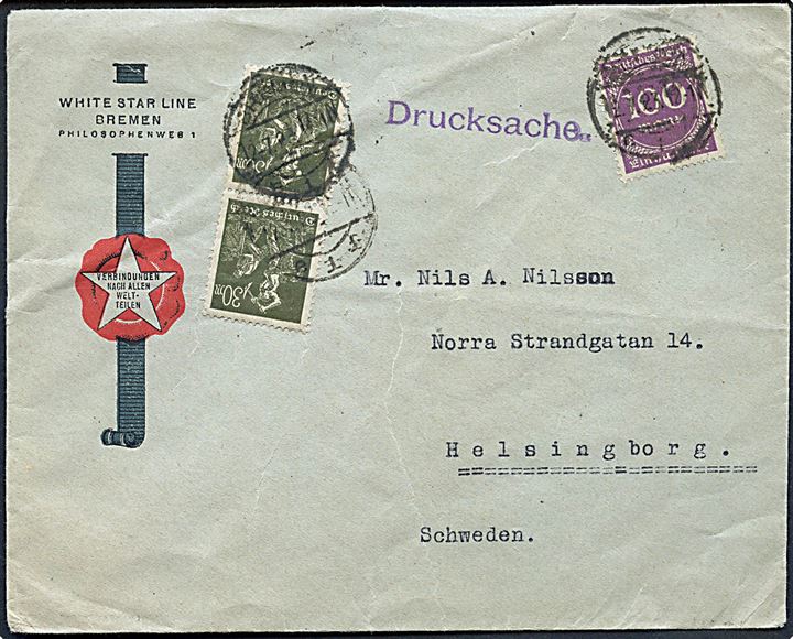 30 mk. Minearbejder (par) og 100 mk. Ciffer Infla udg. på 160 mk. frankeret illustreret tryksag fra White Star Line i Bremen d. 12.7.1923 til Helsingborg, Sverige.