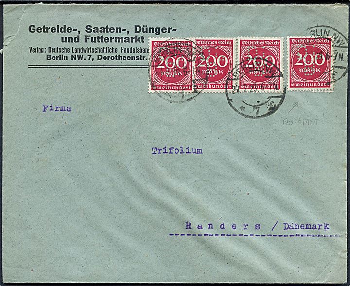 200 mk. Ciffer infla udg. (4) med perfin DLB og tydelige afskæringer fra POKO-maskine på brev fra Getreide-, Saaten-, Dünger- und Futtermarkt i Berlin d. 27.7.1923 til Randers, Danmark.