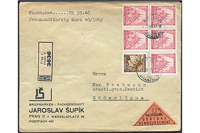 Böhmen-Mähren. 30 h. og 1,20 k. (5) på anbefalet brev med postopkrævning fra Prag d. 21.8.1941 til Süderlügum, Tyskland. 