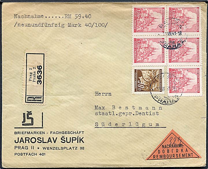 Böhmen-Mähren. 30 h. og 1,20 k. (5) på anbefalet brev med postopkrævning fra Prag d. 21.8.1941 til Süderlügum, Tyskland. 