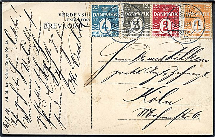 1 øre, 2 øre, 3 øre og 4 øre Bølgelinie på 4-farve frankeret brevkort (Kystparti ved Blanchs Hotel) annulleret med brotype Ia Allinge S. d. 16.8.1910 til Köln, Tyskland.