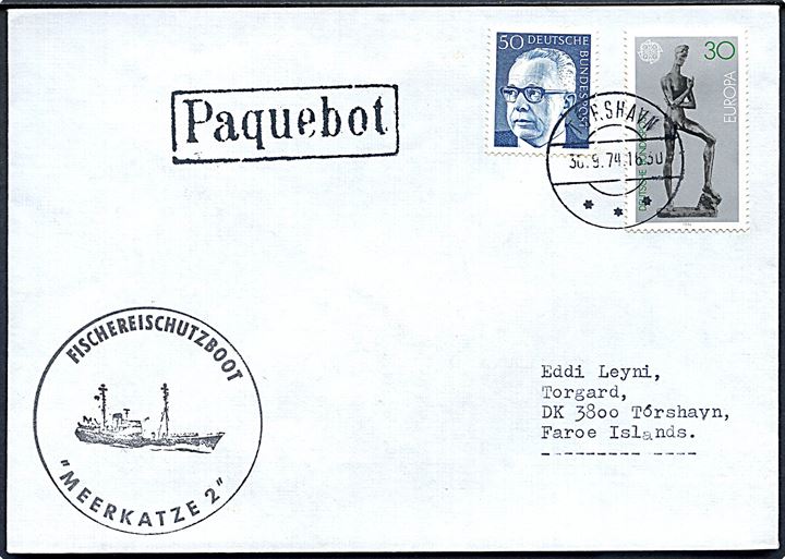 Tysk 30 pfg. og 50 pfg. på filatelistisk skibsbrev annulleret Tórshavn d. 30.9.1974 og sidestemplet Paquebot til Tórshavn, Færøerne. Privat skibsstempel: Fischereischutzboot Meerkatze 2.