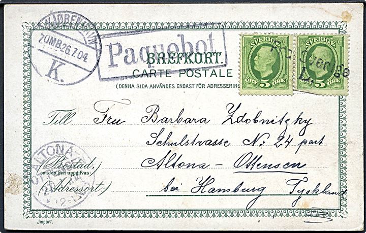 5 öre Oscar (2) på brevkort annulleret med skibsstempel Fra Sverige L. (Landskrona) og sidestemplet både Paquebot og Kjøbenhavn d. 26.7.1904 til Altona - Ottensen, Tyskland.