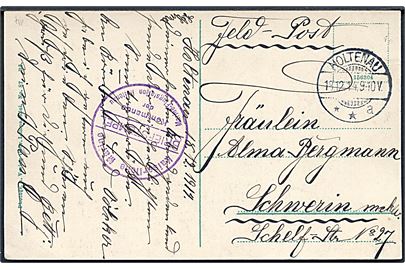 Ufrankeret feltpostkort (S.M. Vermessungsschiff Möwe) stemplet Holtenau d. 18.12.1914 til Schwerin. Briefstempel: Kaiserlische Marine / Kommando der Marine Flugstation Holtenau.