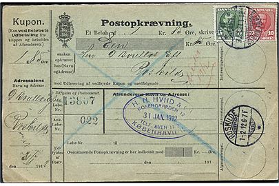 5 øre og 10 øre Fr. VIII på retur postopkrævning fra Kjøbenhavn d. 8.1.1912 til Roskilde. Afsender Hviid Købh.