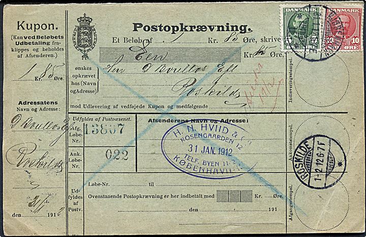 5 øre og 10 øre Fr. VIII på retur postopkrævning fra Kjøbenhavn d. 8.1.1912 til Roskilde. Afsender Hviid Købh.