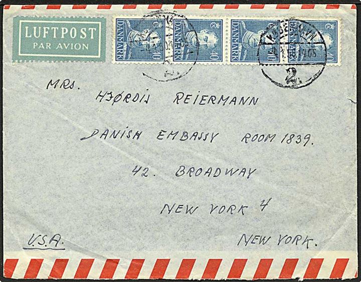 40 øre Chr. X i 4-stribe på luftpostbrev fra København d. 4.1.1950 til Danish Embassy, New York, USA.