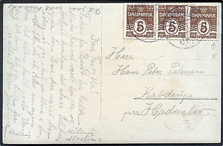 5 øre Bølgelinie (3) på brevkort annulleret med reserve bureaustempel Nørrejyllands Jbp T.1032 d. 11.1.1923 til Haderslev. Reservestempel (R9) benyttet på strækningen Fredericia - Struer. 