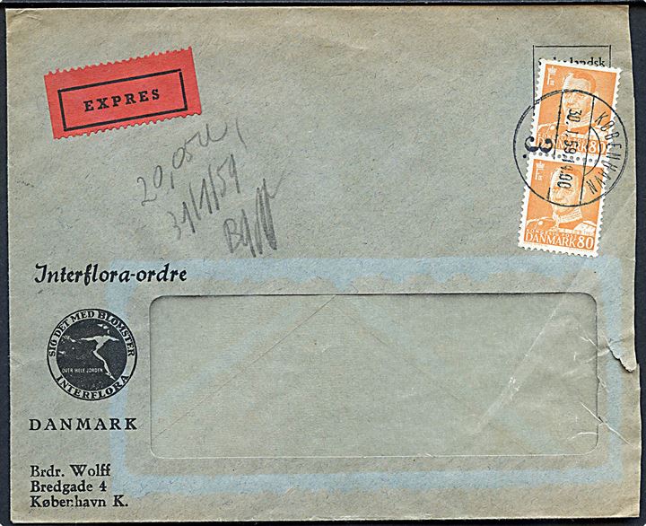 80 øre Fr. IX i parstykke på rudekuvert fra Interflora sendt som ekspres d. 30.1.1959 til Bruxelles, Belgien.
