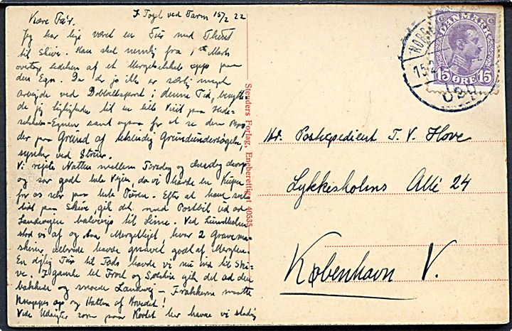 15 øre Chr. X på brevkort fra Tarm annulleret med reserve bureaustempel Nørrejyllands Jbp T.1024 d. 15.2.1922 til København. Reservestempel (R9) benyttet på strækningen Fredericia - Struer.
