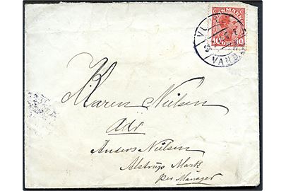 10 øre Chr. X på brev annulleret med bureaustempel Vejle - Vandel T.2 d. 22.3.1914 til Mariager. Bagklap mgl.