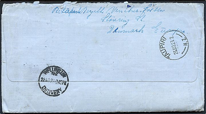 15 øre Karavel (2) på brev fra Støvring d. 7.10.1927 til poste restante i Wellington, New Zealand - eftersendt til Taupiri. Ank.stemplet d. 23.11.1927.
