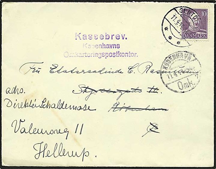 10 øre Chr. X på lokalbrev fra Gentofte d. 11.4.1944 til København - eftersendt til Hellerup. Violet stempel: Kassebrev Københavns Omkarteringspostkontor.