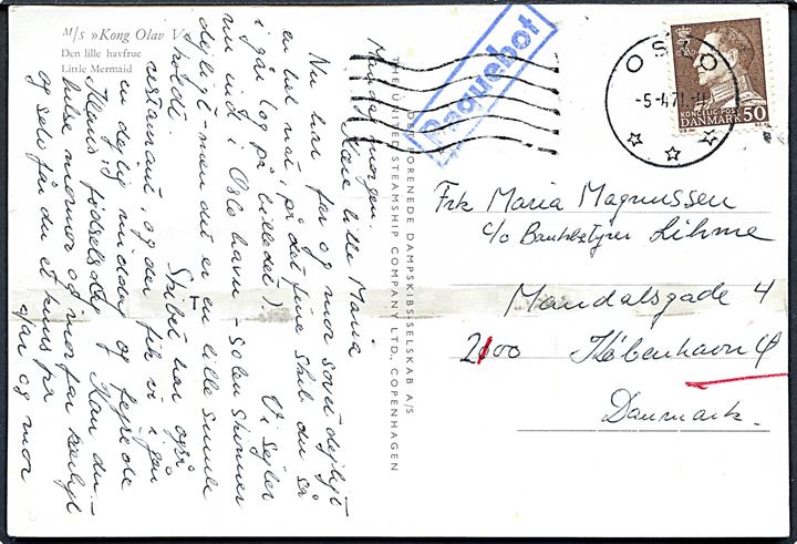 50 øre Fr. IX på brevkort (M/S Kong Olav, DFDS) annulleret med norsk stempel i Oslo d. 5.4.1971 og sidestemplet Paquebot til København, Danmark.