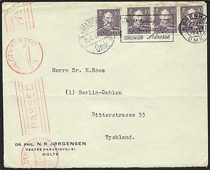 10 øre (4) Chr. X på brev stemplet København d. 24.6.1947 til Berlin, Tyskland. Passér stemplet ved den amerikanske censur i Berlin. 