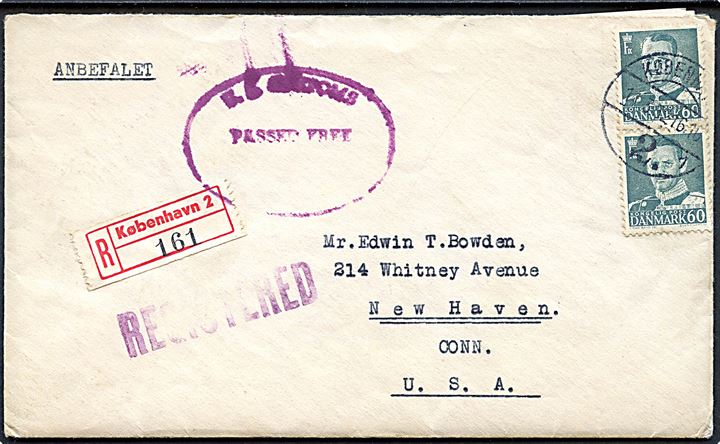 60 øre Fr. IX i parstykke på anbefalet brev fra København d. 11.3.1952 til New Haven, USA.