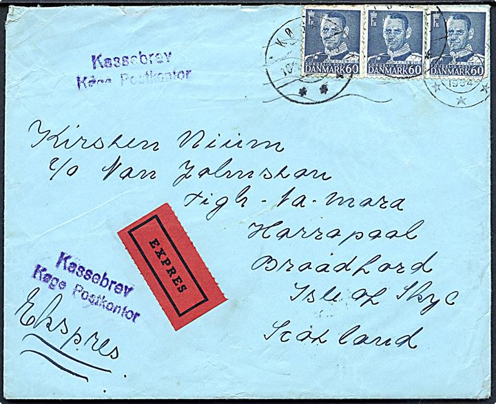 60 øre Fr. IX (3) på ekspresbrev fra Køge d. 10.8.1954 til Isle of Sky, Scotland. Violet stempel Kassebrev / Køge Postkontor. Urent åbenet.