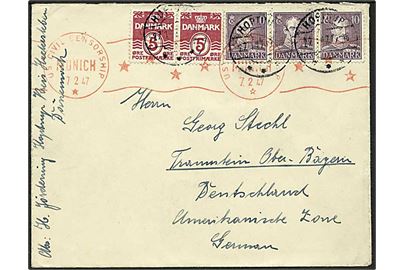 5 øre Bølgelinie (2) og 10 øre Chr. X (3) på brev fra Hoptrup d. 27.1.1947 til Traunstein, Tyskland. Passér stemplet ved den amerikanske censur i München d. 7.2.1947.