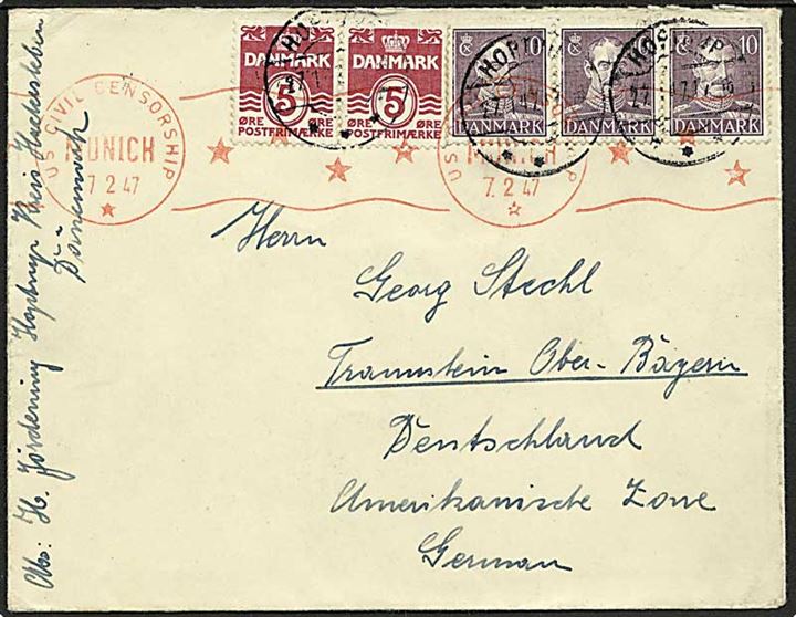 5 øre Bølgelinie (2) og 10 øre Chr. X (3) på brev fra Hoptrup d. 27.1.1947 til Traunstein, Tyskland. Passér stemplet ved den amerikanske censur i München d. 7.2.1947.