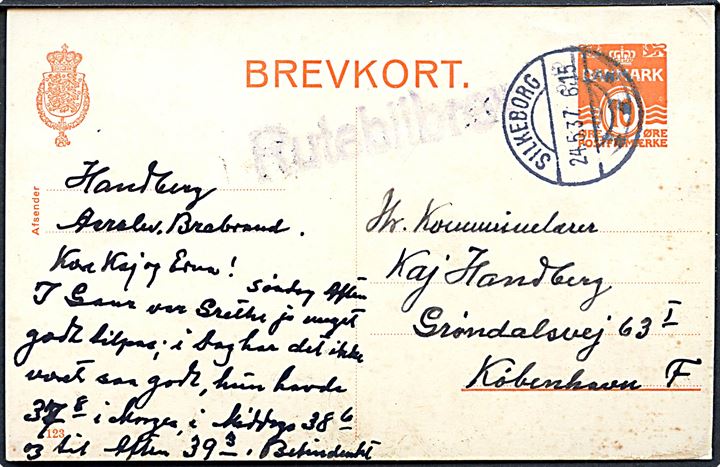 10 øre helsagsbrevkort (fabr. 123) fra Aarslev pr. Brabrand annulleret Silkeborg d. 24.5.1937 og sidestemplet Rutebilbrev til København.