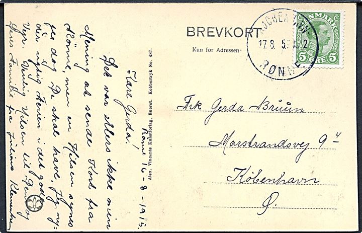 5 øre Chr. X på brevkort dateret Rønne og annulleret med sejlende bureaustempel Kjøbenhavn - Rønne POST2 d. 17.8.1915 til København.
