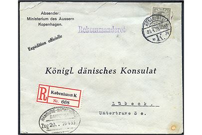 50 øre Chr. X single på fortrykt kuvert fra Udenrigsministeriet i København d. 25.4.1933 til Lübeck, Tyskland. Transit stempel: Hamburg - Warnemünde Bahnpost Zug20 d. 26.4.1933.