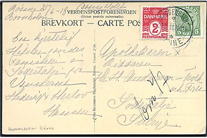 2 øre Bølgelinie og 5 øre Chr. X på brevkort fra Rønne annulleret med sejlende bureaustempel Kjøbenhavn - ** Rønne POST2 d. 26.6.1918 til Södertälje, Sverige.